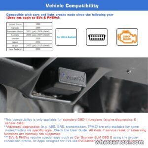 Veepeak OBDCheck BLE vehicle compatibility by model year and region, plugged into a car OBD2 port