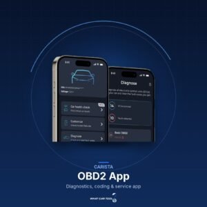 Carista OBD2 App – studio product shot on a dark blue background